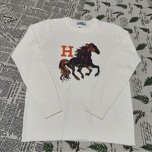Hermès Orange "H" Logo Horse Print White Knit Sweater